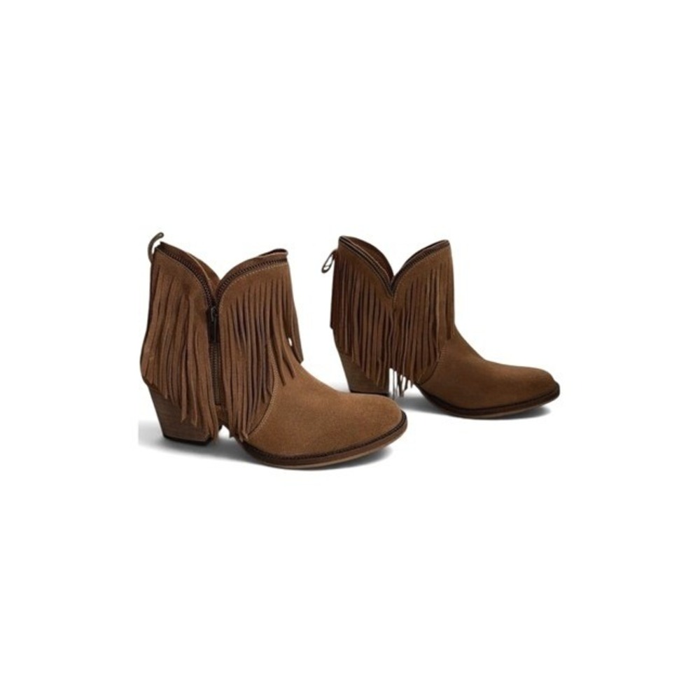 Dingo Tan Cognac Brown Suede Leather Fringe Heeled Ankle Boots Western Sz 8